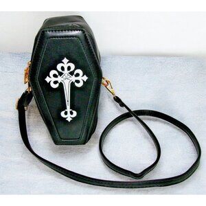 Coffin-Shaped Black Crossbody Purse With White Cross Print & Adjustable Strap